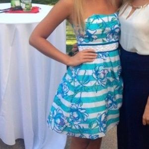 Lilly Pulitzer Blue Floral & Stripes Strapless Dress